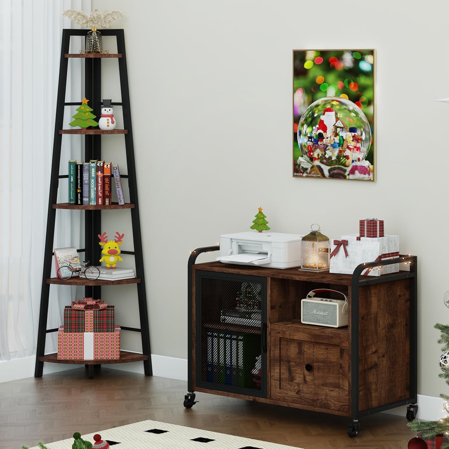 BON AUGURE Rustic 5-Tier Black Metal Wood Corner Ladder Shelf with Mobile Lateral File Cabinet with Drawer for A4 and Letter Size for Home Office (Rusic Oak)