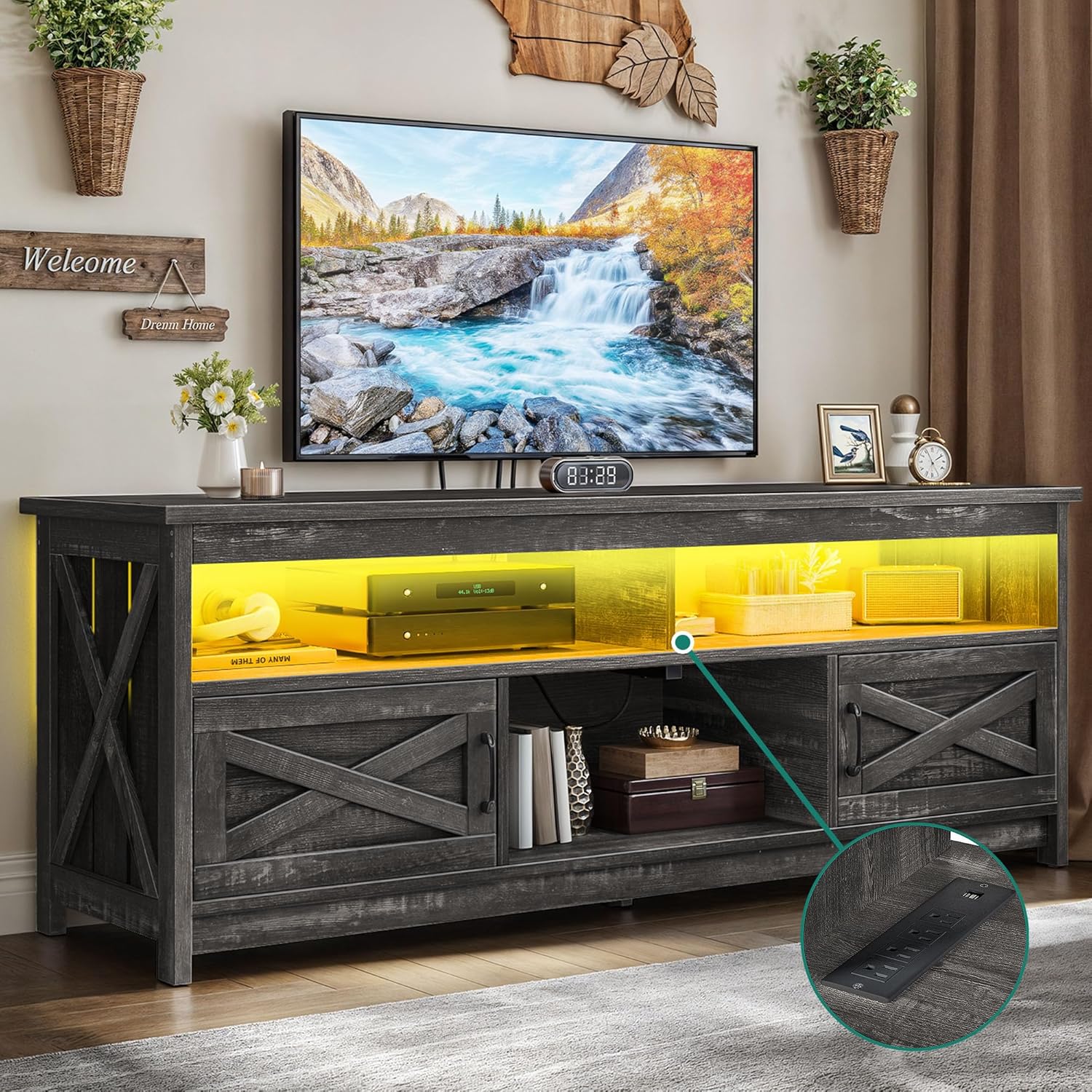 YITAHOME TV Stand with LED Light & Power Outlet, Farmhouse Media Console w/Storage Cabinets for 75 Inch TV, Rustic Entertainment Center Table TV Cabinet for Living Room, 65'' Large TV Stand, Dark Grey