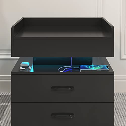 LED Nightstand with Charging Station & 2 Drawers, Modern Bedside Table with Built-in Ambient Lighting, 2 Standard Plug Outlets & 2 USB Ports for Bedroom Décor and Nighttime Convenience, Gray