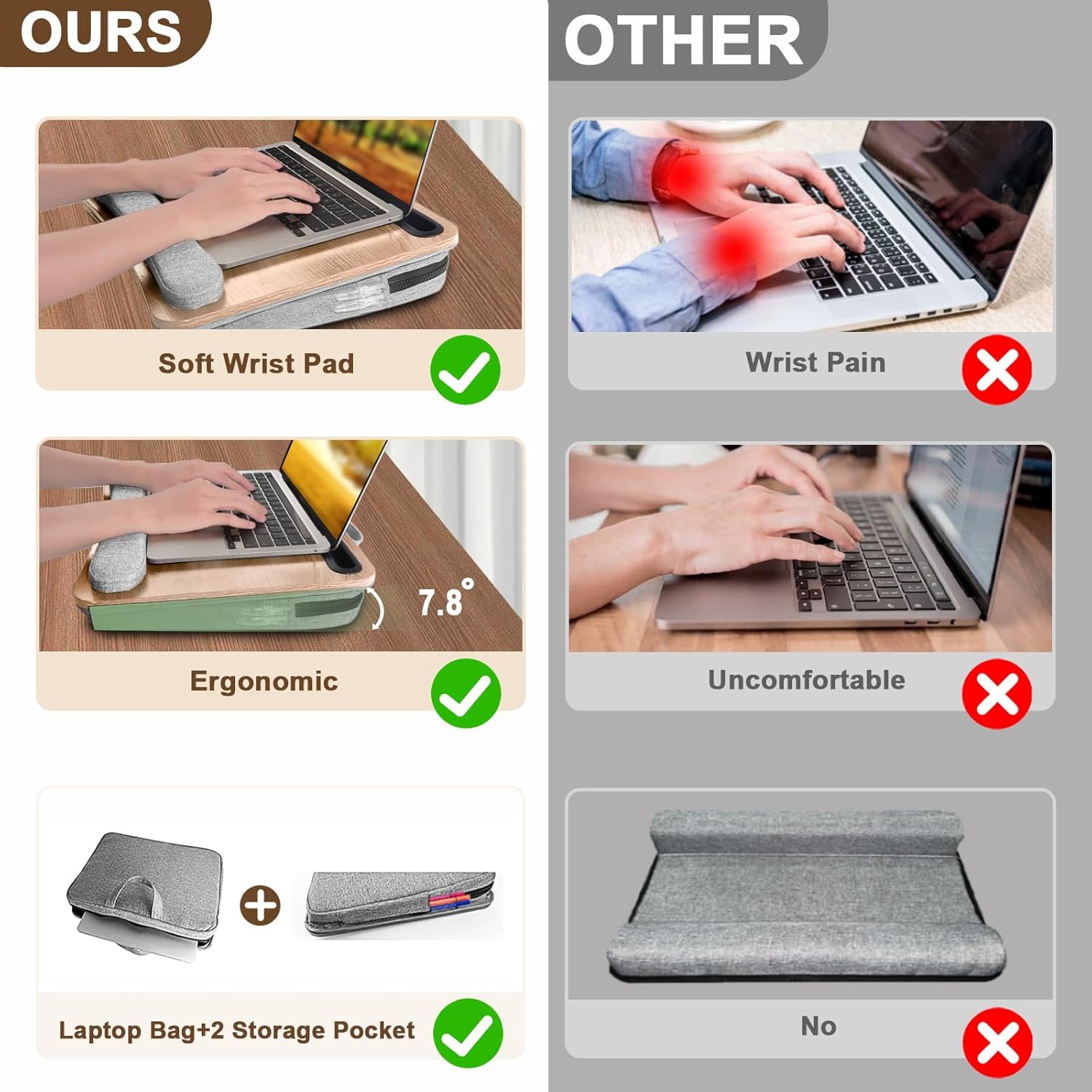 Lap Desk Laptop Bed Table: Home Office Portable Computer Lapdesk with Soft Cushion and Storage Bag - Wood Wide Writing Padded Tray for Work on Couch - Fits up to 15.6 Inch Laptop