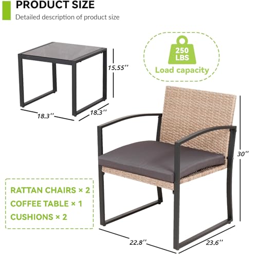 Modern 3 Piece Patio Set, Sleek Design Patio Chairs and Wicker Bistro Set, Outdoor Bistro Set for Conversation, Elegant Patio Furniture Set for Bistro Style Ambiance White/Flaxen