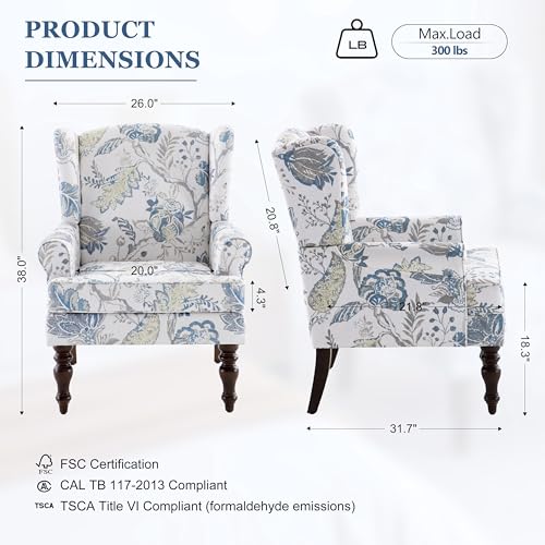 HUIMO Living Room Chair Set of 2, Upholstered High-Back Armchair with Retro Print, Linen Wingback Chair for Bedroom & Study, Accent Club Sofa Chair Holds 300 lbs (Blue Floral)
