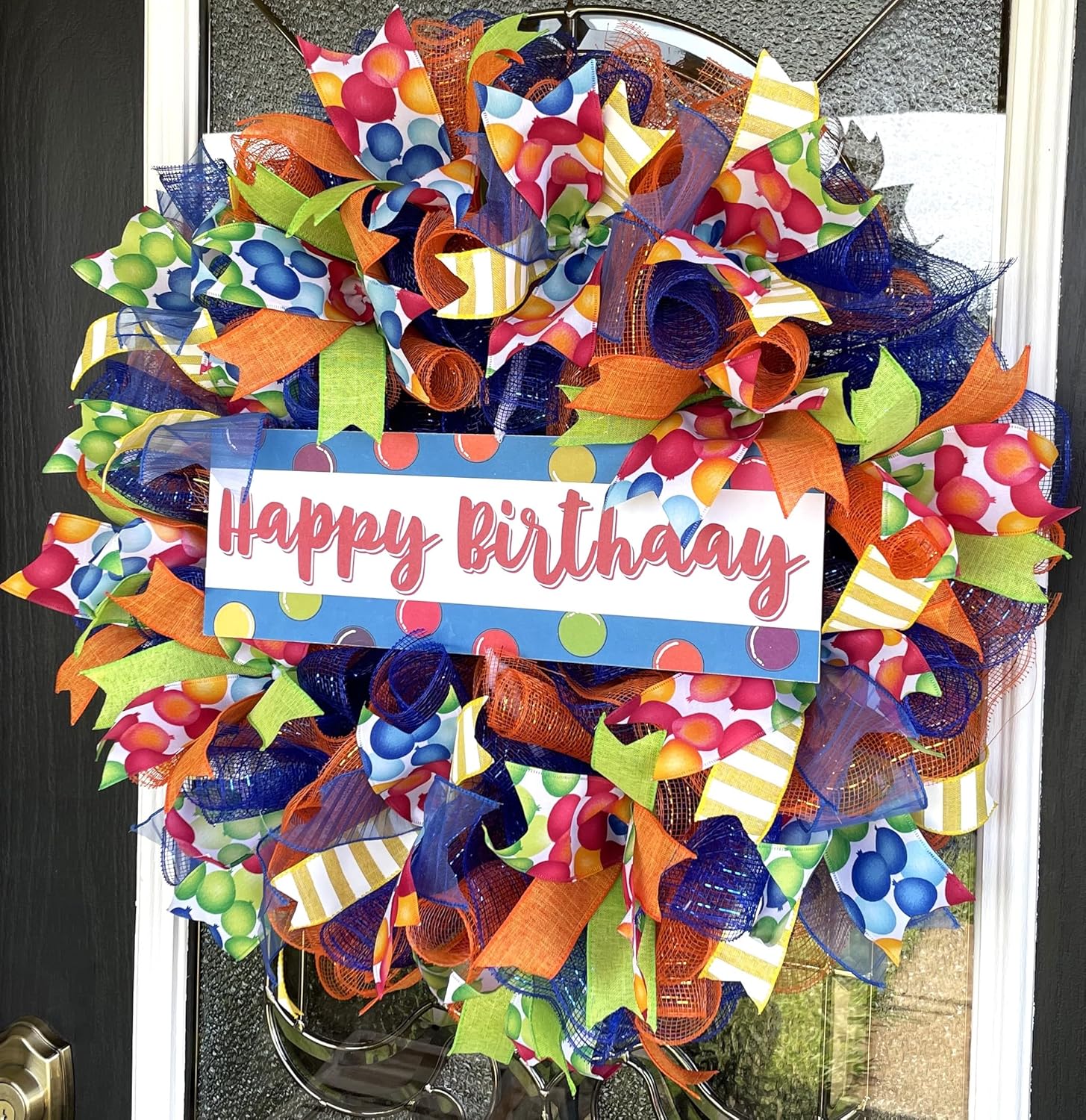 Happy Birthday Balloon Primary Color Party Deco Mesh Front Door Wreath Home Holiday Decor Fun Festive Summer Decor Indoor Outdoor