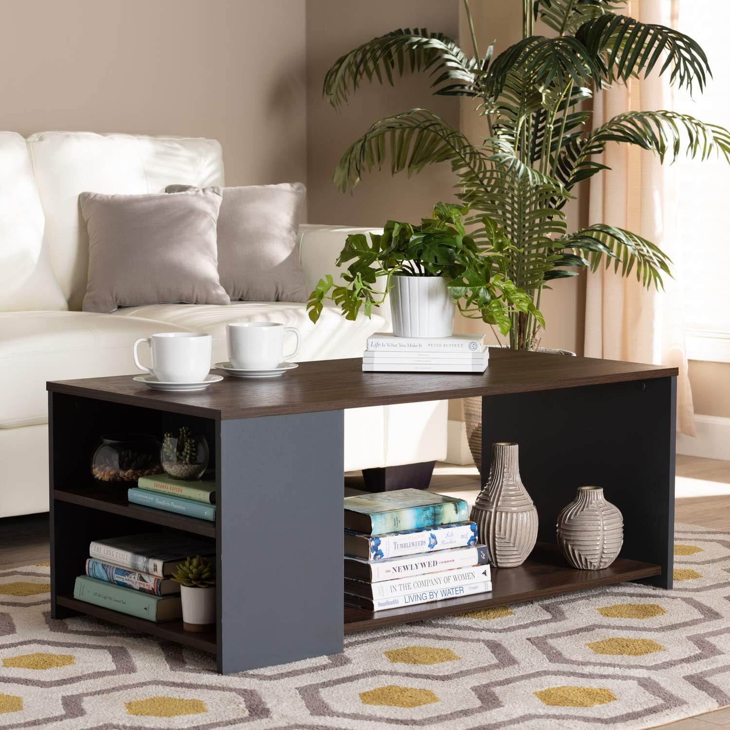 Baxton Studio Thornton Modern and Contemporary Two-Tone Walnut Brown and Grey Finished Wood Storage Coffee Table