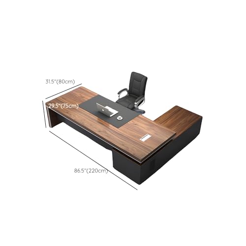 Wood Office Desk, Modern L-Shape Executive Desk with Wood Sled Base and Cable Management – Brown (94.5