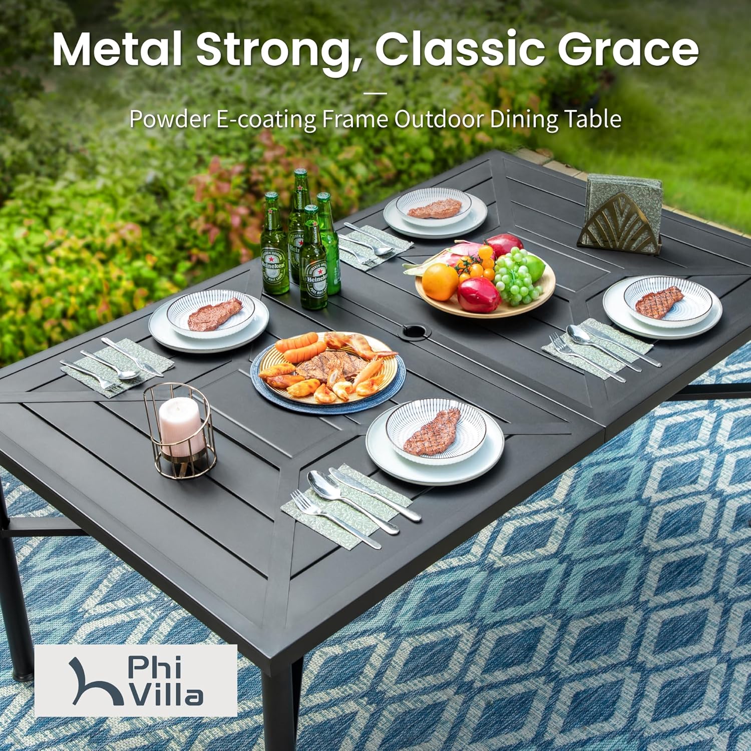 PHI VILLA 7-Piece Outdoor Dining Set, Rectangular Metal Table (64