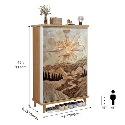 3 Drawer Shoe Cabinet, Artistic Shoe Cabinet, Mid Century Cedar Cabin Art Autumn Gold to Frosted Blue Wood Shoe Rack Organizer for Entryway Slim (31.5”W x 9.45”D 46”H)