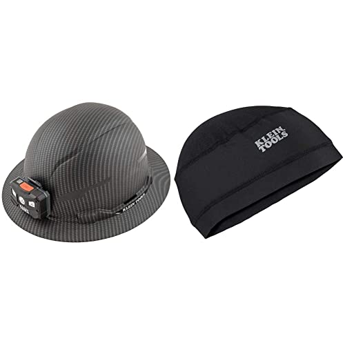 Klein Tools 60346 Hard Hat, Non-Vented Full Brim, Class E, Premium KARBN Pattern & 60181 Cooling Helmet Liner, Under Hard Hat Cap with Mesh Fabric at Crown