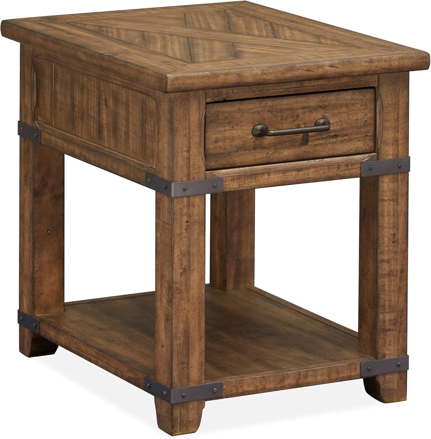 Farmhouse Timber Pine Rectangular End Table 20.00l X 26.00w 24.00h Brown Rustic Iron Rubbed Drawers