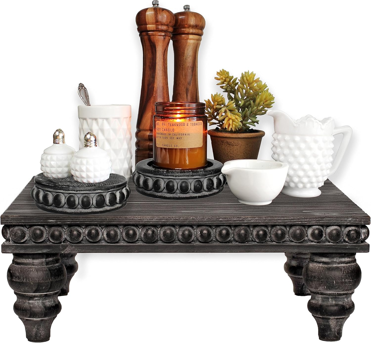 Felt Creative Home Goods Rustic Wood Beaded Pedestal Tray Decor Riser Bundle: Kitchen Counter Organizer, Coffee Bar Table, Plant Stand (Black Woodgrain)