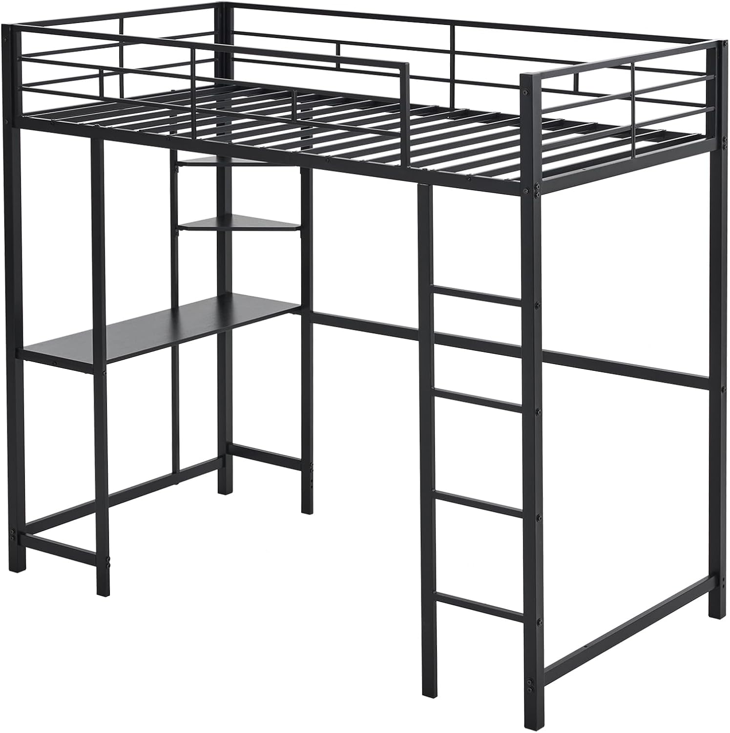Modern Metal Loft Bed Frame with Desk and Storage Shelves - Twin Size, Integrated Ladders & Guardrails, Space-Saving Design, Black