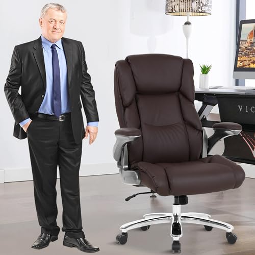 Ergonomic Big and Tall Office Chair Heavy Duty 400lbs Adjustable Rolling Swivel Desk Chair Pu Leather Executive Task Work Chair High Back Tilt Computer Chair w/Flip-up Armrest & Lumbar Support, Black