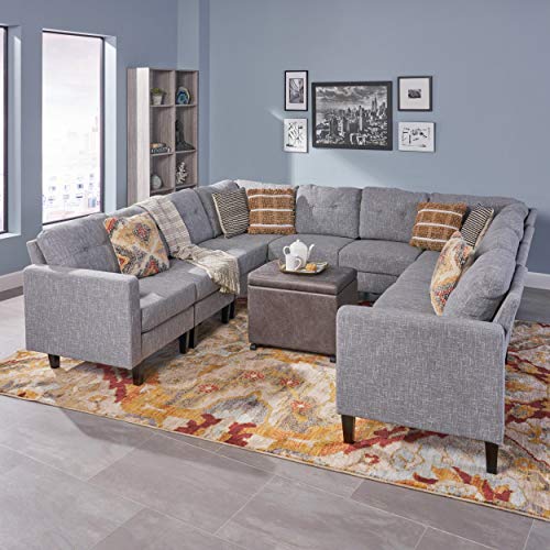 Christopher Knight Home Marsh Mid Century Modern U-Shaped Sectional Sofa Set, Gray Tweed, Dark Walnut