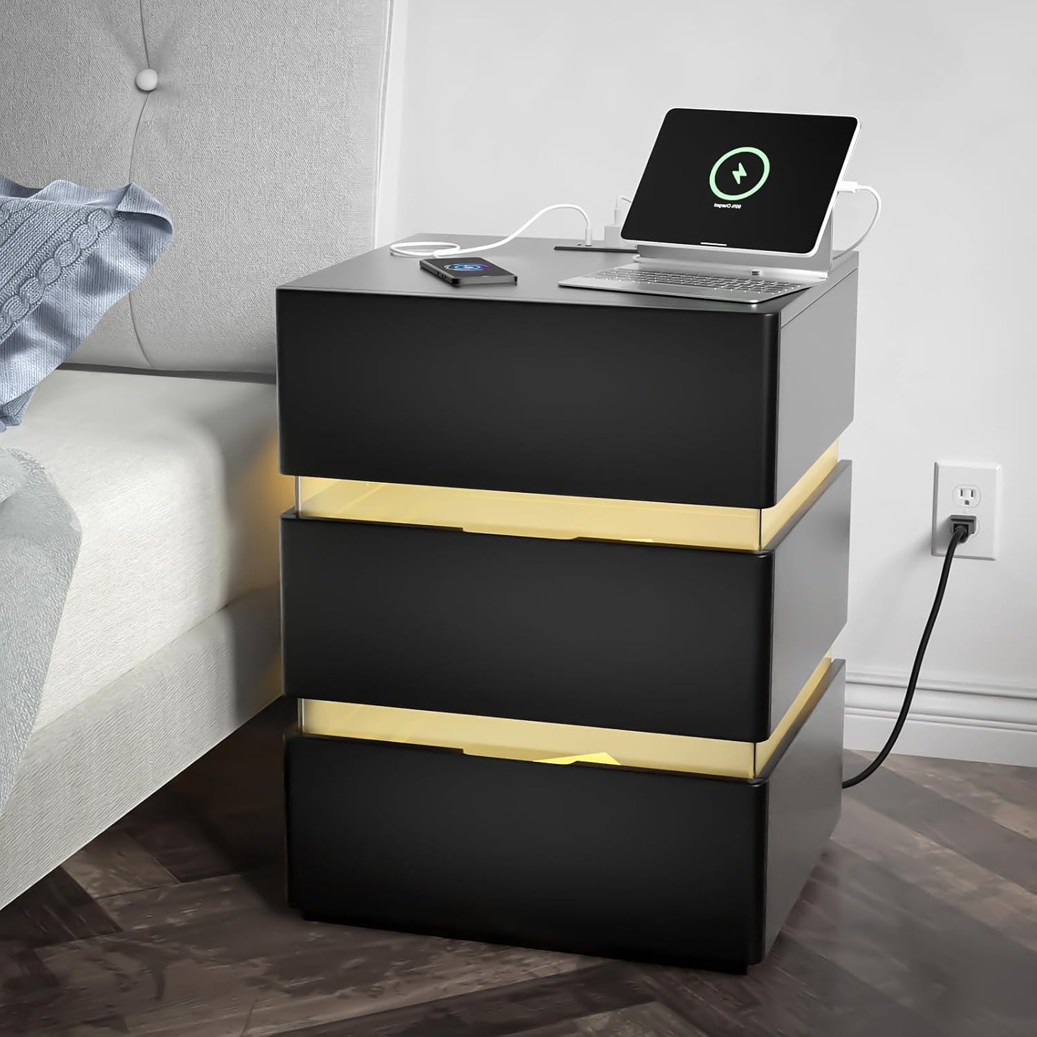 Black Nightstand with Charging Station and RGB LED Lights, Modern End Side Table with 3 Drawers, Wooden Cabinet Stand by Sofa, Bedside Tables for Bedroom,Bedside Tables 16.97