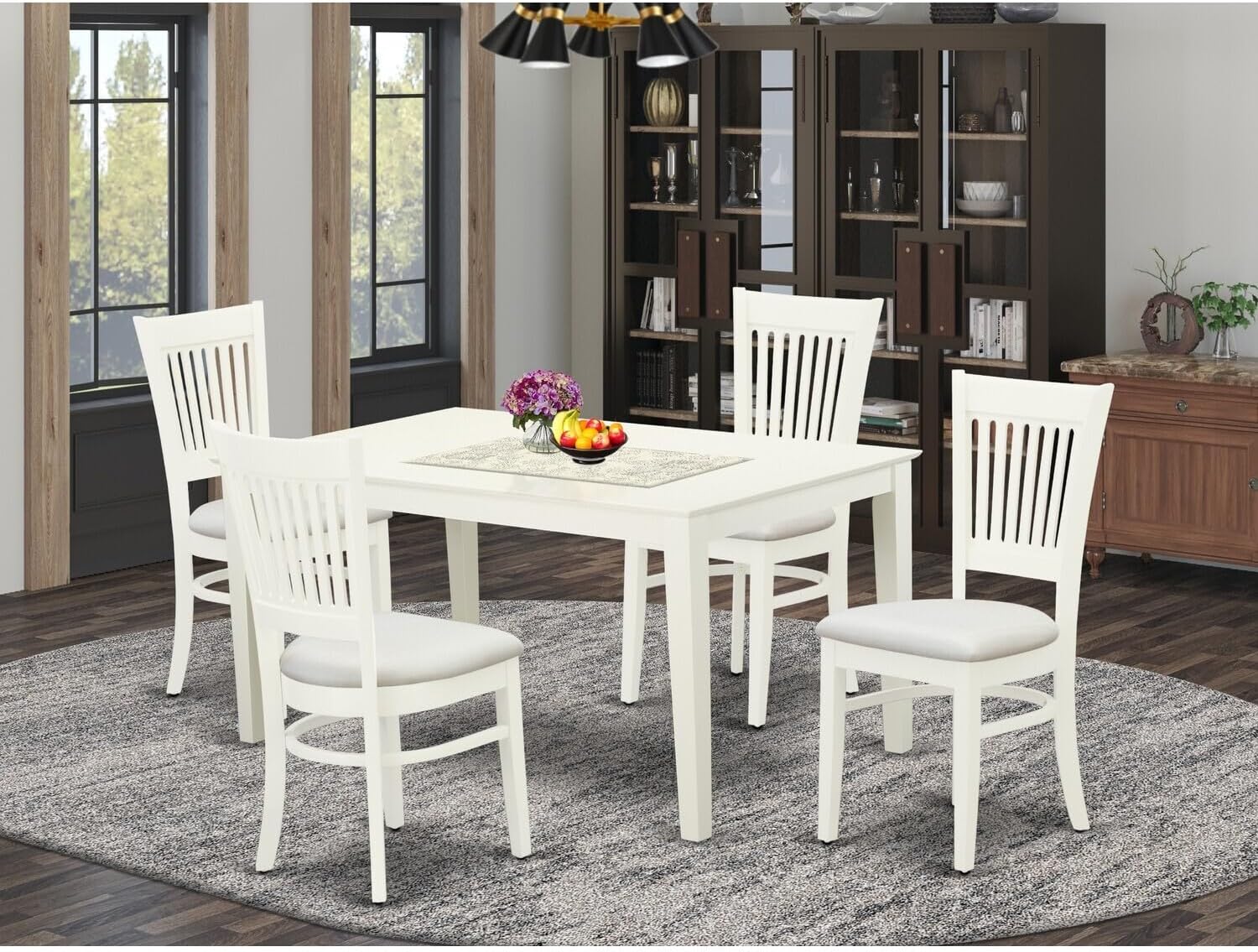 Asian Fusion 5-Pc Wooden Dining Table Set-4 Dining Chairs with Slatted Back and Linen Fabric Seat-A Kitchen Table with Rectangular Top and 4 Legs- Linen White Finish