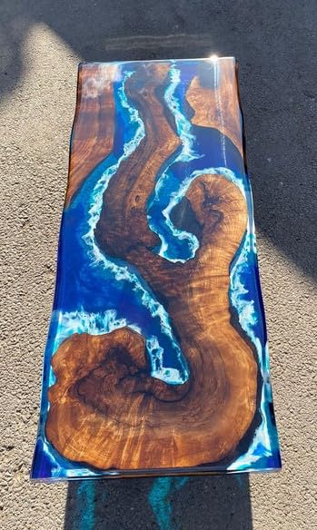 TUZECH Unique Wood Resin Epoxy Realistic BLue River Look with Wave Table Coastal table Top Dining Table Coffee Table Side/End Table Home Décor (16.5