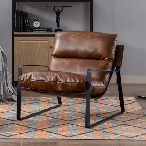 LukeAlon Modern PU Leather Accent Armchairs Set of 2, Upholstered Living Room Chairs with Metal Base Thickened Cushion Sofa Chairs Comfy Lounge Chair for Bedroom Living Room, Brown