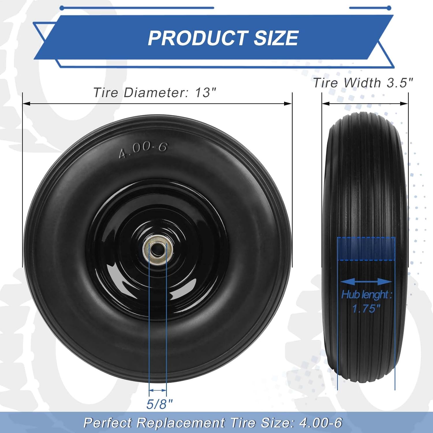 13 Inch Wheelbarrow Tires, 2 Pack 4.00-6 Tire Flat Free, 1.75