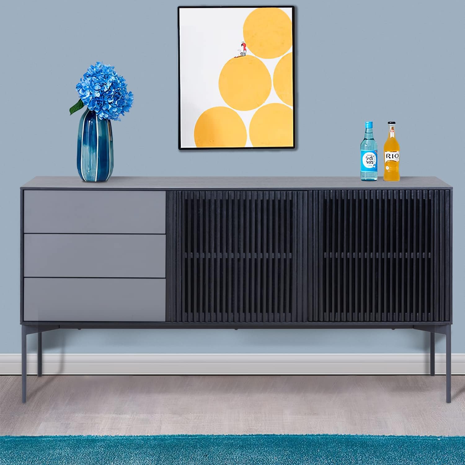 Sideboard Buffet Cabinet, Modern Kitchen Buffet Storage Cabinet with Double Doors, Cupboard Console Table for Living Room, Dining Room, Hallway, Black Accent Side Cabinet, Bar Liquor Cabinet