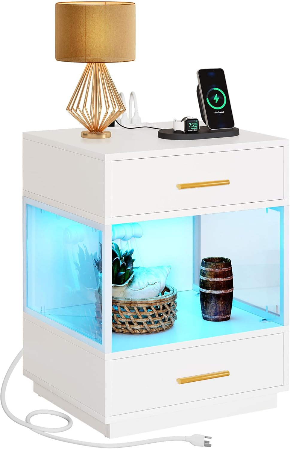 YITAHOME LED Nightstand with Charging Station, Night Stand with Acrylic Storage Shelf, Modern Bedside Tables with 2 Drawers for Bedroom, End Side Table with USB Ports and Outlets, White