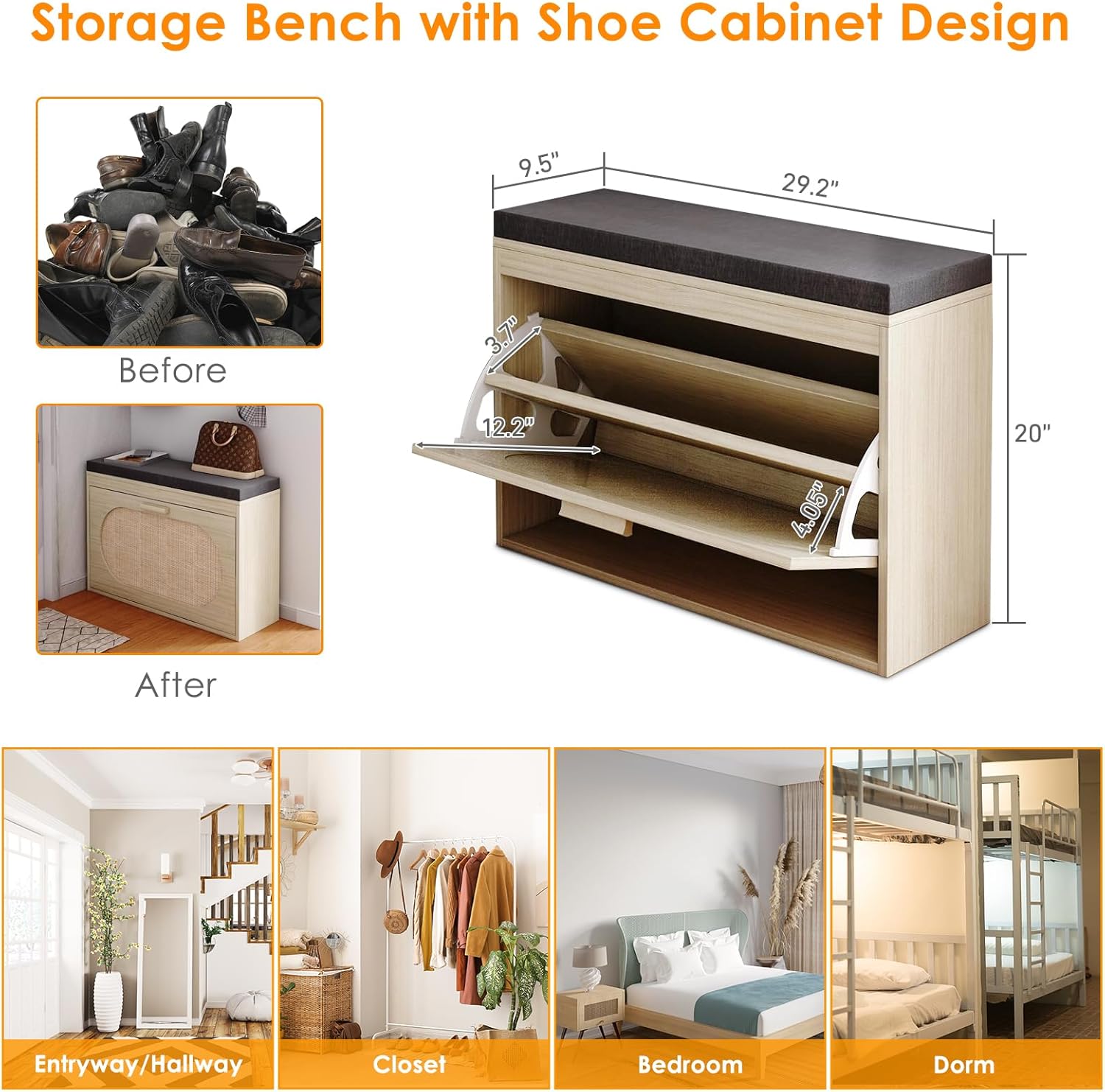 24in Rattan Flip Drawers Shoe Storage Cabinet with Seat Cushion, Narrow Shoe Rack Cabinet, Hallway Shoe Bench