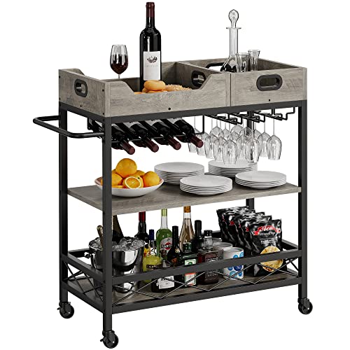 GAOMON Bar Carts for The Home with 2 Portable Trays, 3 Tier Bar Cart with Wheels, Mobile Kitchen Shelf with Wine Rack and Glass Holder, Industrial Serving Cart for Kichen, Dining Room-Rustic Grey