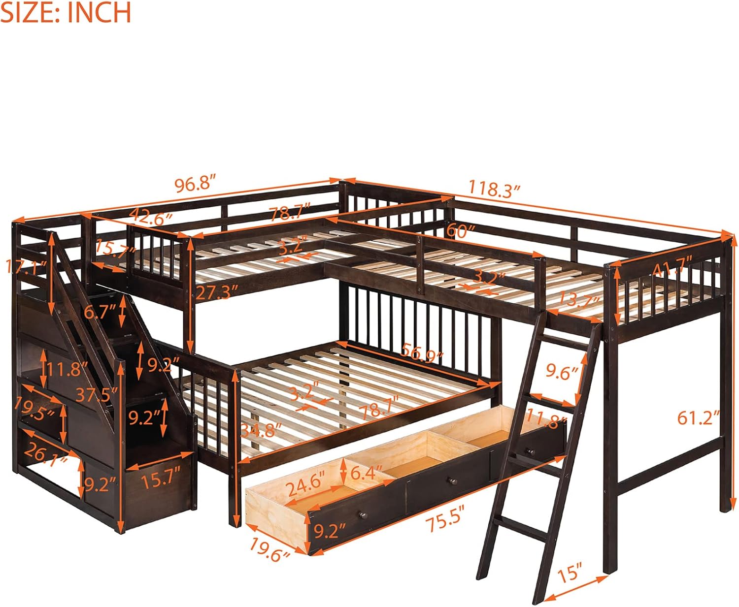 Bellemave L-Shape Triple Bunk Beds with Stairs and Storage Drawers Twin Over Full Bunk Bed Attached a Loft Bed with Drawers Wood Corner Bunked for 3 Kids Boys Girls Teens, Espresso