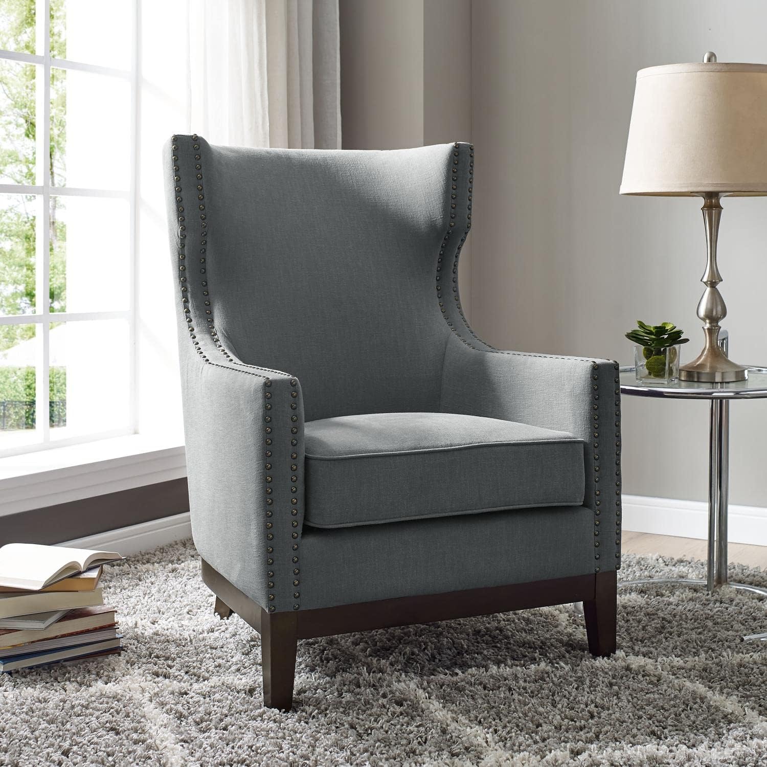 Steve Silver Roswell Wingback Modern Profile, Scalloped Sides, Brass Nailhead Trim, Gray Linen Fabric, Pearl Finish Accent Chair, 29 x 36 x 41, Grey