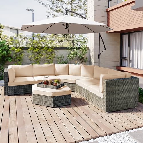 Patio Furniture Set, 6 Piece Outdoor Conversation Set All Weather Wicker Sectional Sofa with Ottoman and Cushions and Small Trays Furniture Sets for Patio, Lawn & Garden