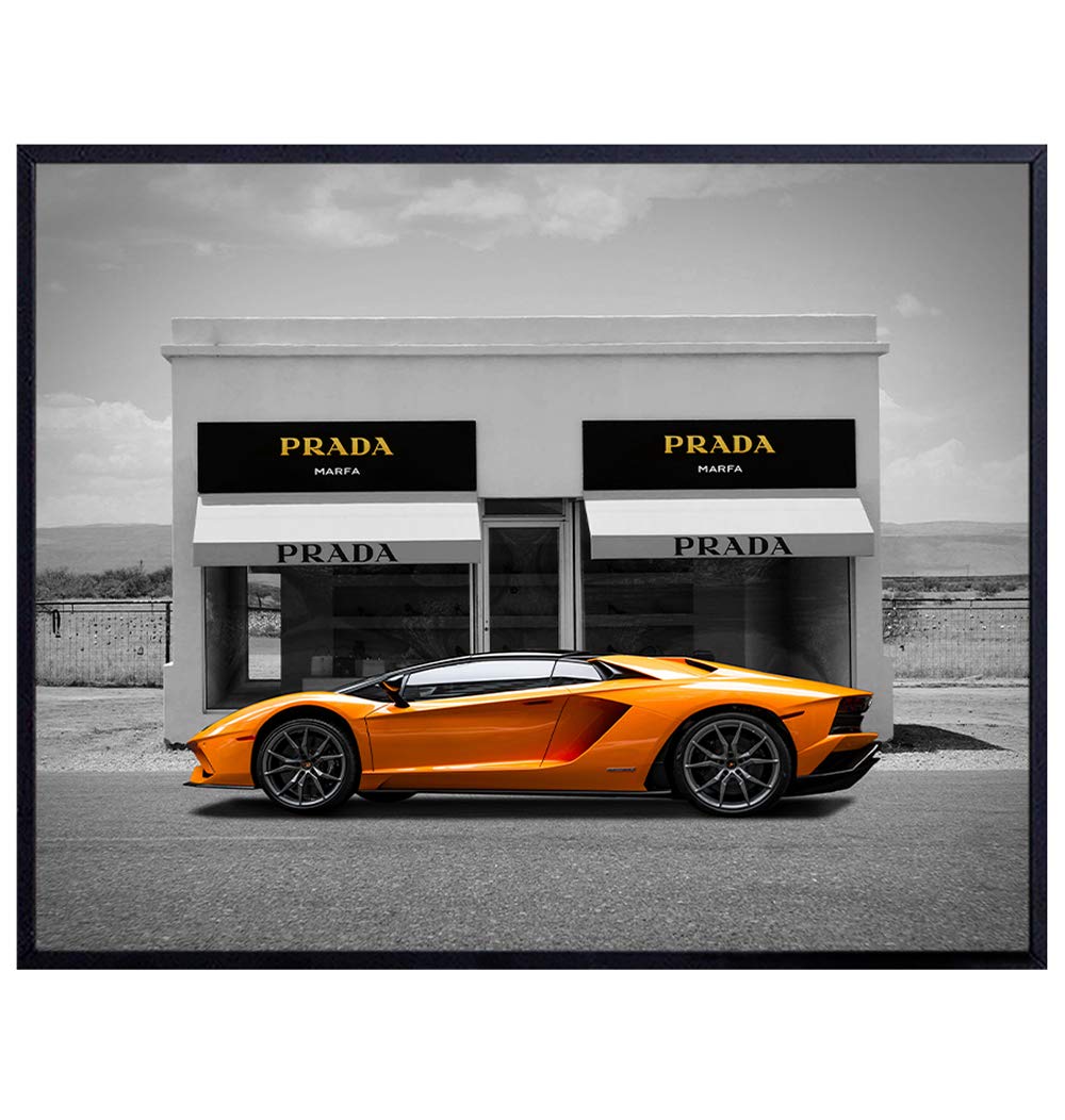 Lambo Lamborghini Car Poster - Photo of Prada - Glam Wall Decor - Motivational Wall Art - Designer Room Decoration for Bedroom Living Room, Apartment - Home Decor or Gift for Women, Men, Teens