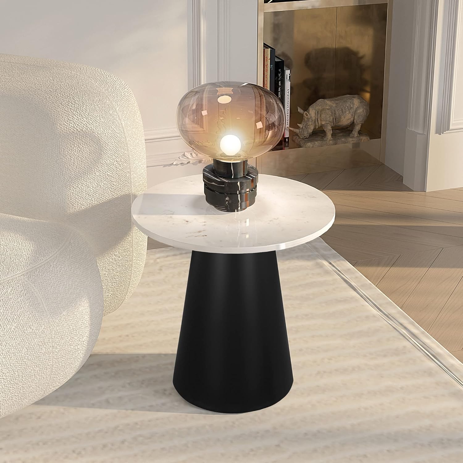 Inspired Home Zyler SideTable, Round, Natural Marble Stone, Conical Matte Black Metal Base