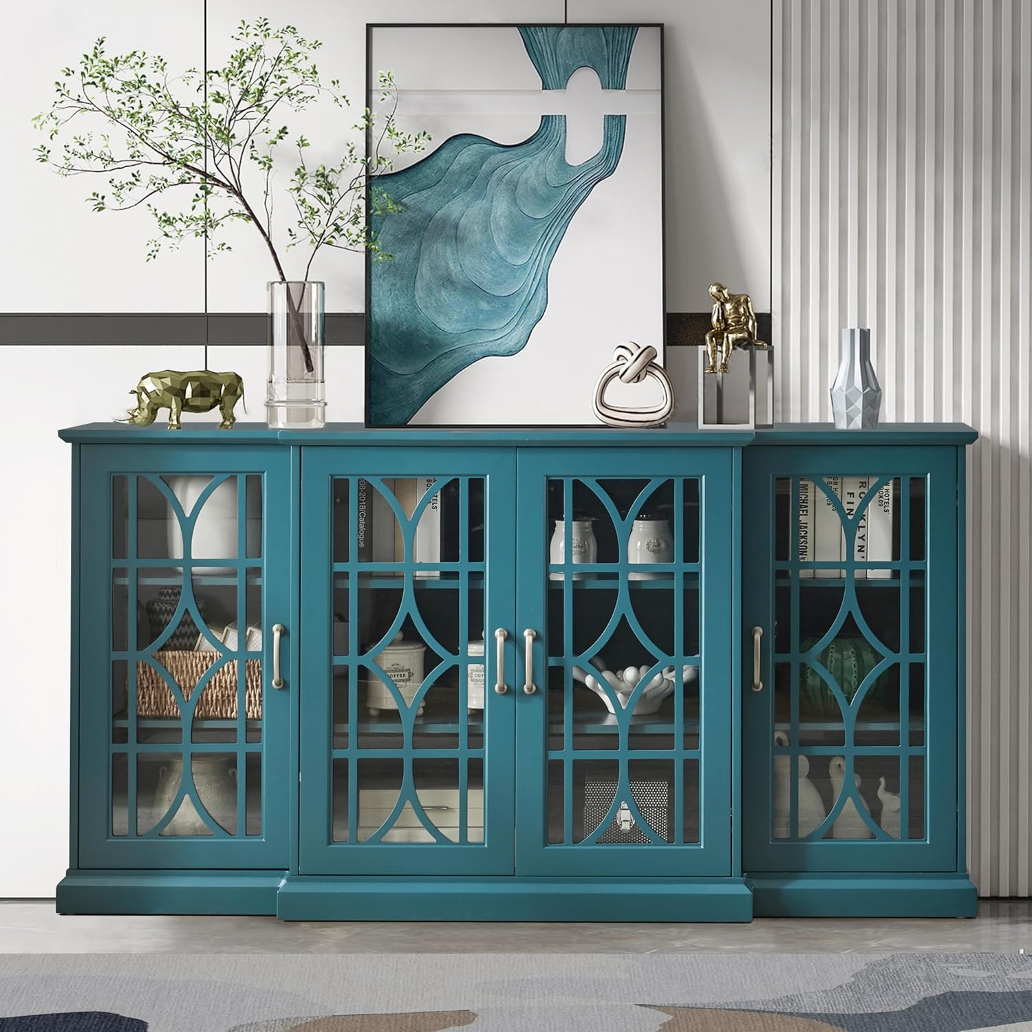 Modern TV Stand Cabinet with Glass Doors for Living Room, 62 Inch Entertainment Center with Storage Shelves