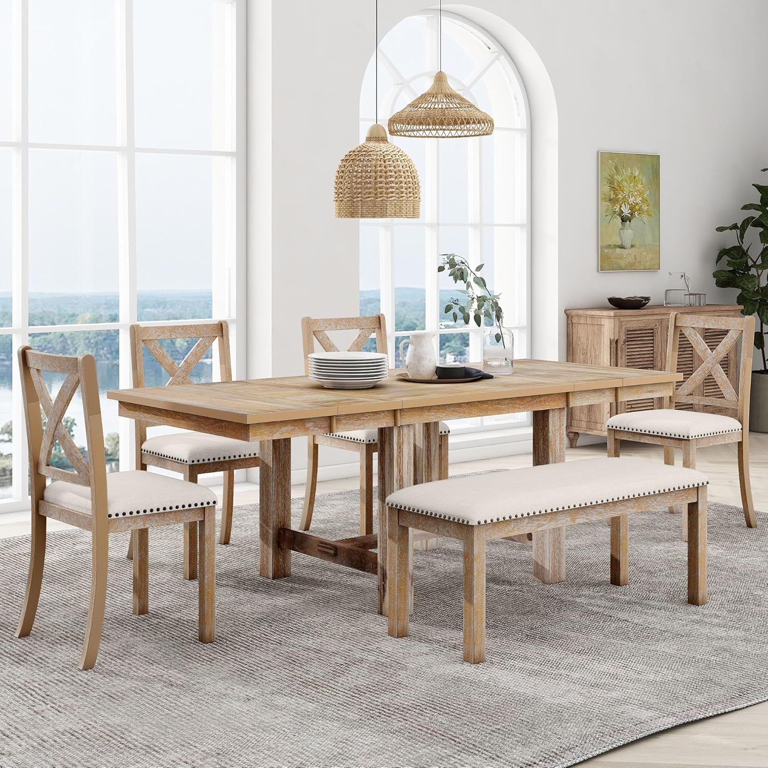 Merax Farmhouse Wooden Dining Set of 6, 82 inch Extendable KitchenTable, 4 Chairs with Backrest, 2-Person Bench with Cushion, 6-Piece, Natural+Beige