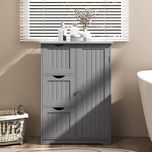 Bathroom Storage Cabinet, Wooden Bathroom Floor Cabinet w/Adjustable Shelf, 3 Drawers & 1 Door, Bathroom Cabinets Freestanding for Living Room, Entryway & Kitchen