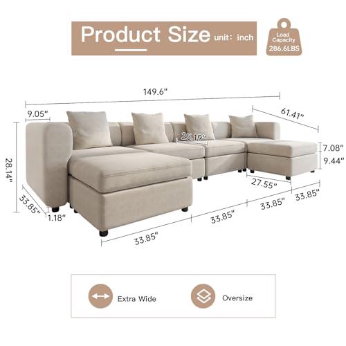 Velvet Sectional Sofa, Modern Oversized Loveseat Sofa with 2 Pillows, Convertible Sofa with Cushions, 2-Seat Sofa for Living Room, Apartment, Home (Blue, 5 Seat (No Ottoman))