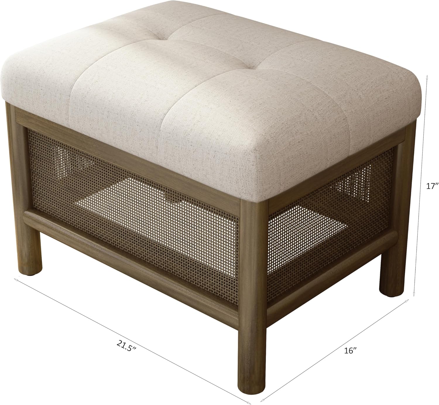 Foot Stool Ottoman with Cane Base,Cream Linen Upholstered Bench,Rectangular Solid Wood Frame Ottomans W/Breathable Fabric,Extra Seat for Bedroom,Living Room,Hallway,Entryway,Walnut,21.5
