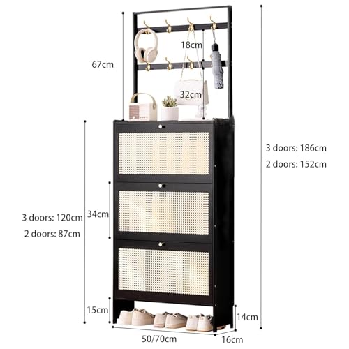Rattan Shoe Cabinet with Coat Rack, with 2/3 Flip Drawers and Storage Shelves, Large Shoe Rack Organizer, for Closet Hallway Bedroom Entryway,2 door,70cm