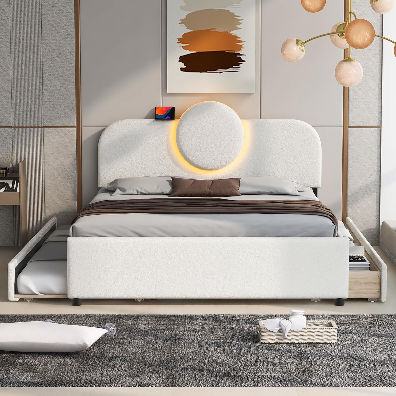 Queen Size Upholstered Platform Bed with Multi-Functional LED Headboard, Wooden Beds Frame with Trundle and 2 Storage Drawers, Space Saving, No Box Spring Needed, White
