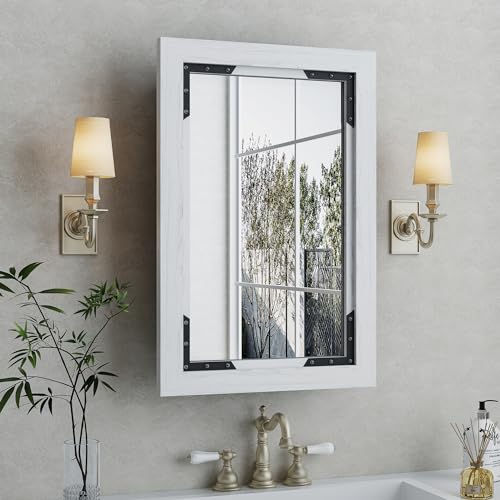 Medicine Cabinet Mirror 16 x 24 Inch Farmhouse Bathroom Mirror Door Paulownia Wood Storage Cabinet with Adjustable Shelves, Wall Mounted for Bathroom Living Room, Grey