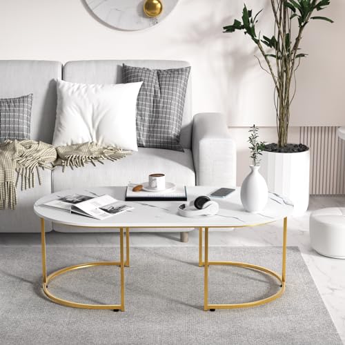Modern Coffee Table for Living Room, Faux Marble Coffee Table, Center Tea Table for Living Room, Dining Room, Easy Assembly Platinum