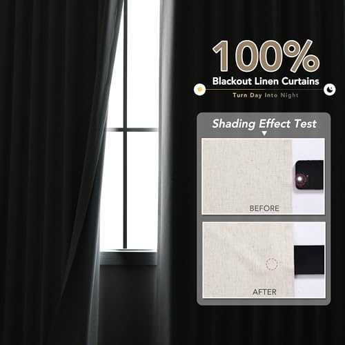 White Linen Blackout Curtains 96 Inch 2 Panels Set for Living Room Sliding Door Back Tab Thermal Insulated Long Room Darkening White Drapes 96 Length Heavy Thick Bedroom Block Out Curtains 8 Ft