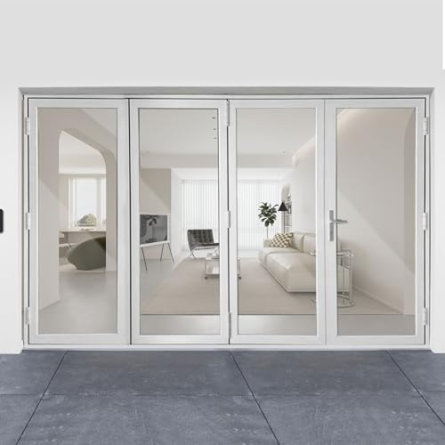 BGW 16’-0” Wide ×6’-8” High Left Inswing Iron Folding Door Heavy Duty Steel with Tempered Glass and with Frame in White Ready Install,Folding-Door-16×6-8LH-BGW-W