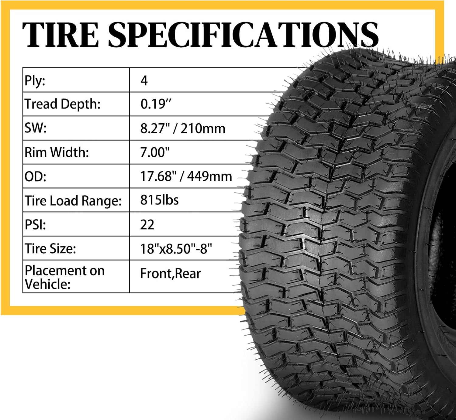 AutoForever 18x8.50-8 Lawn Mower Tractor Tires 4 Ply 18x8.50x8 Garden Turf Golf Cart Tubeless Tires Set of 2