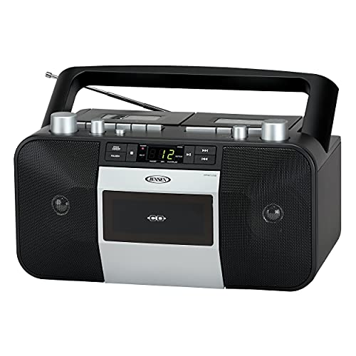 Jensen MCR-1500 Silver Modern Retro Music System Portable CD/MP3 Cassette Player Stereo Boombox, LCD Display, Compact Dual Cassette Deck Recorder, AM/FM Radio, Bass Boost + Aux in & Headphone Jack