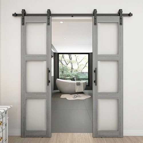 BARNSMITH 21x84in Double Glass Barn Door with 7FT Brushed Nickle Sliding Door Hardware Kit Included & Handle,3-Panel Frosted Glass Solid Wood Water-Proof PVC Surface,Pre-Drilled Easy Assembly,White