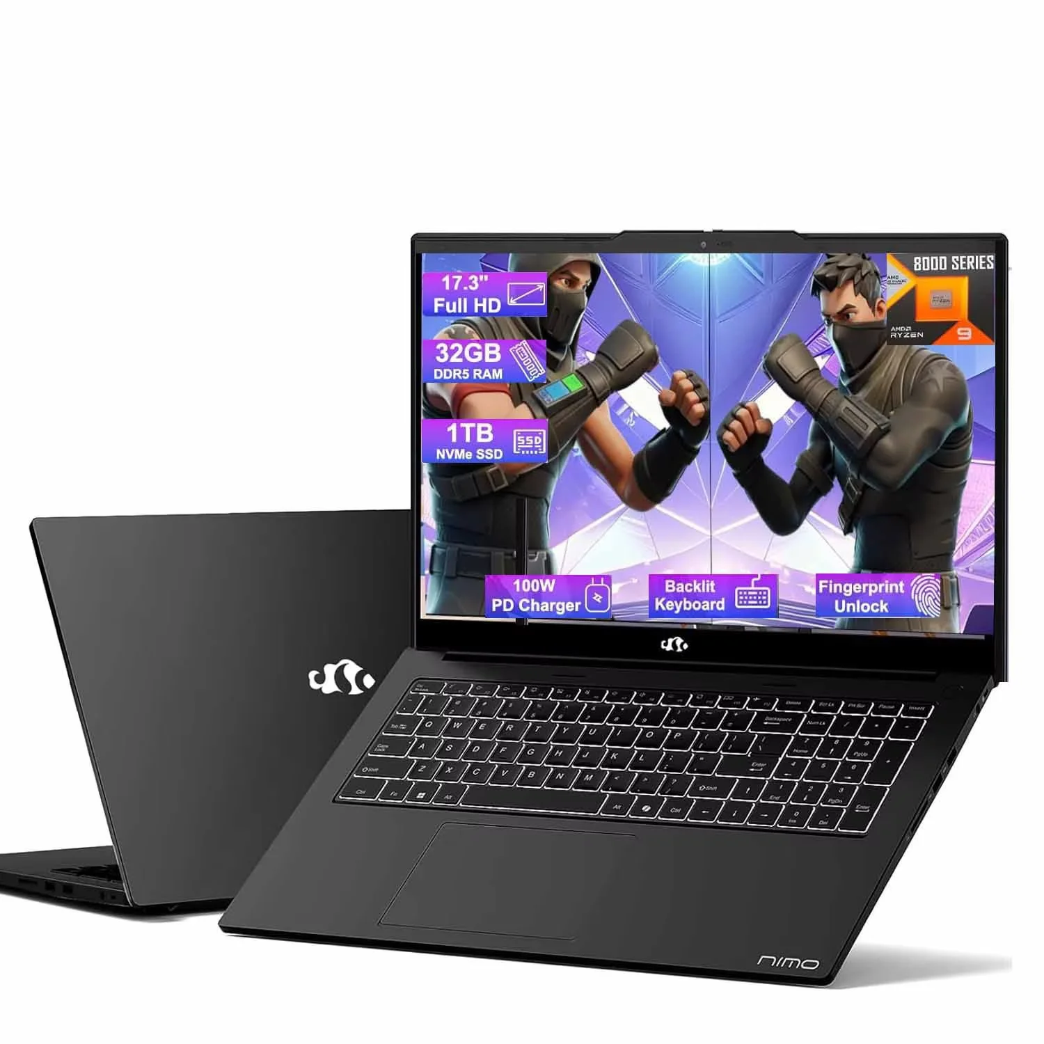 17.3 Gaming-Laptop Ryzen 9 8945HS (>i9-13900H) 32GB RAM, 1TB SSD, Radeon 780M, PD 100W USB-C 4.0 AI-Enhanced for Copilot VR Ready, Backlit KB Fingerprint Unlock, Gaming Student Office Business