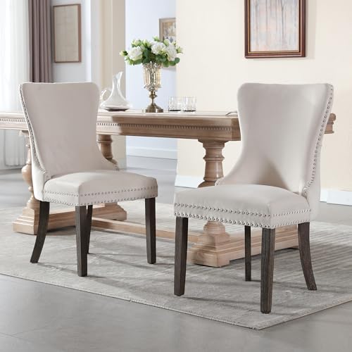 Velvet Dining Chairs Set of 4, Nikki Collection Upholstered Side Chair with Nailhead Trim, Button Tufted Wingback Dining Chairs with Solid Wood Legs, Dark Gray
