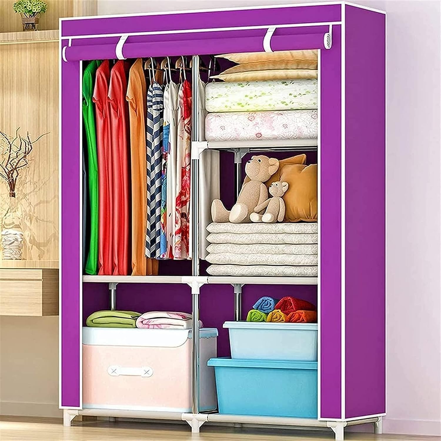 Portable Closets Portable Wardrobe Cloth Wardrobe Wardrobe Bedroom Small Thickened Bedroom Dormitory Household Single Clothes Storage Cabinet Rental Room Simple Fabric,B Portable Cloth Hanger