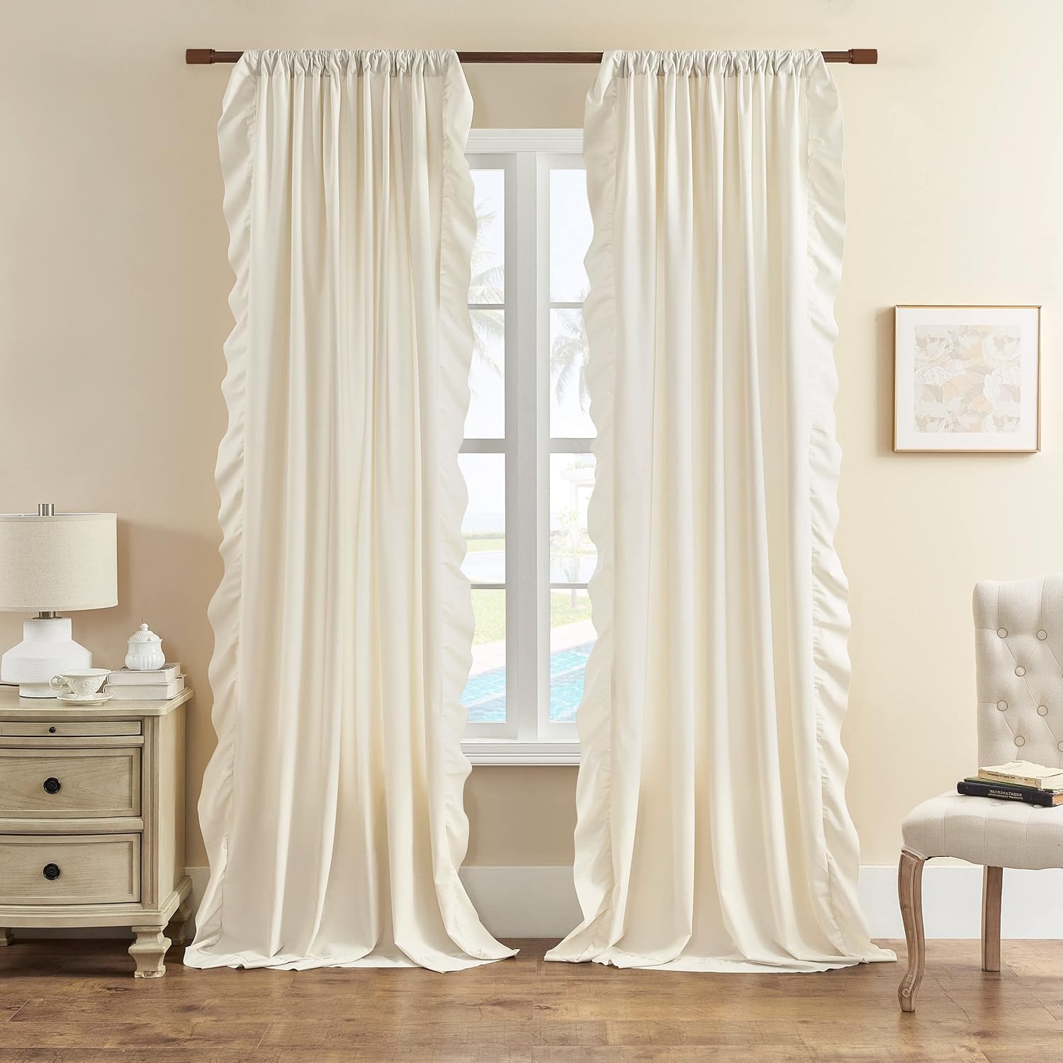 Cream Ivory Ruffle Curtains 84 Inch Length 2 Panels Set for Living Room Bedroom Shabby Chic Drapes Rod Pocket Light Reducing Window Curtains for Kids Girls Nursery Room Backdrop Decor, 52x84