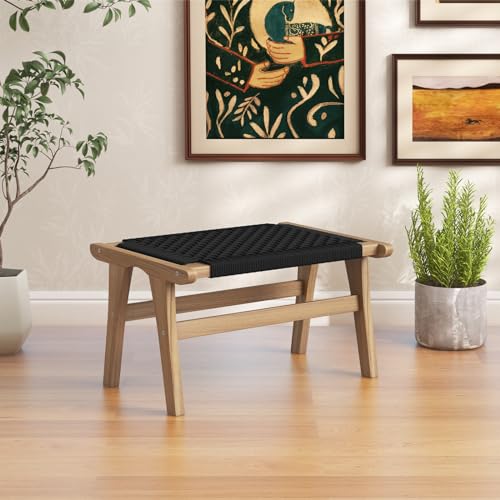 Tangkula Teak Ottoman Footstool, Natural Teak Wood Foot Rest with Handwoven Cordage for Patio, Porch, Balcony, Lawn, Garden, Backyard, Poolside & Deck,Indoor and Outdoor, 14